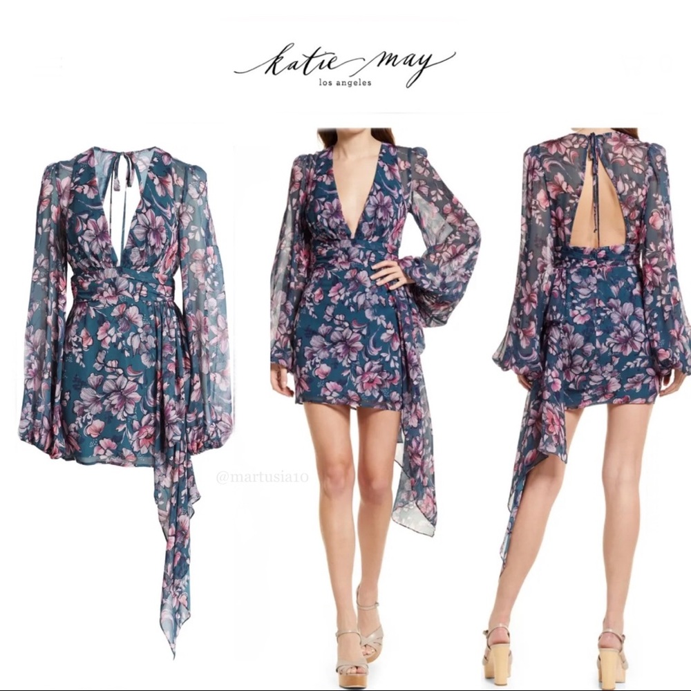 KATIE MAY Sleepless Nights Floral Long Sleeve Cocktail Minidress XS 315$